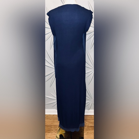 BCBG Maxazria SZ L navy blue hi/low sleeveless dress w/chiffon trim bust 36”-48” - Picture 5 of 11